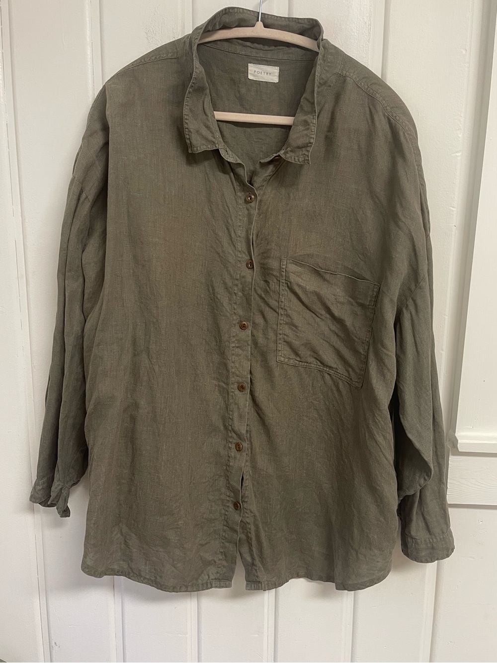 Poetry 100% Linen Button Front Shirt Olive Green Relaxed Fit